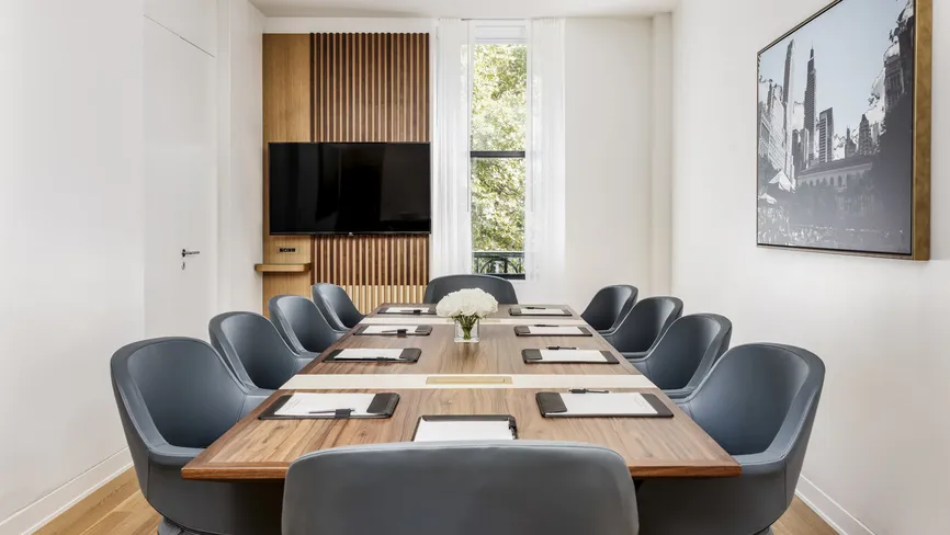 Boardroom Suite meeting table with skyline view