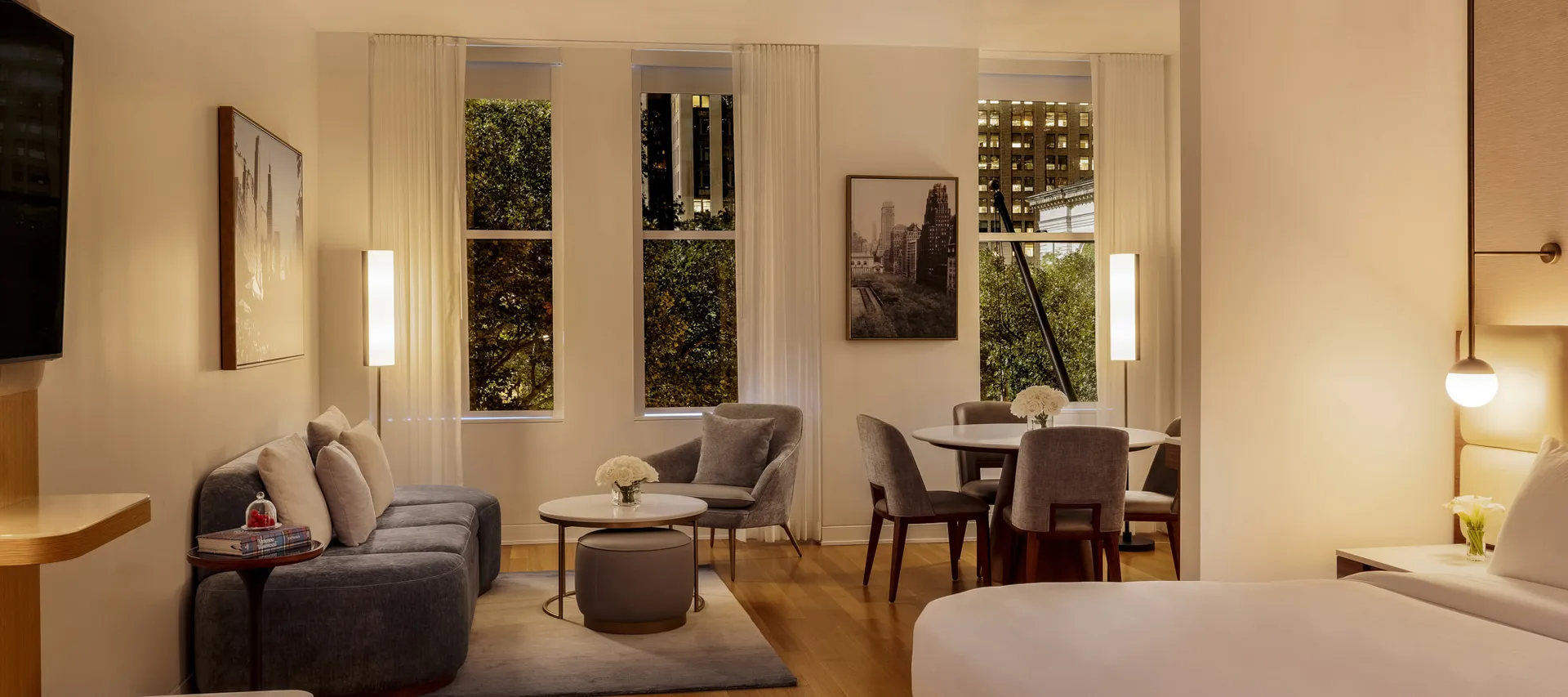 Bryant Park Studio Suite living room at night