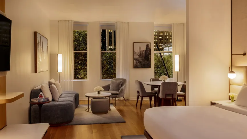 Bryant Park Studio Suite living room at night