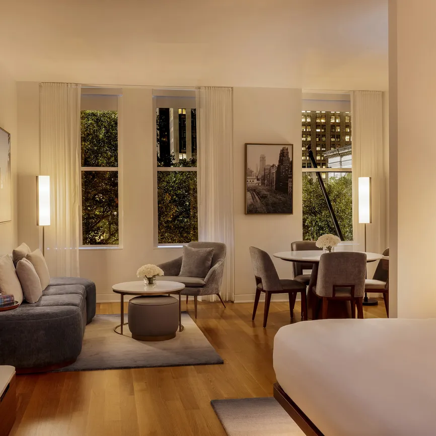 Bryant Park Studio Suite living room at night