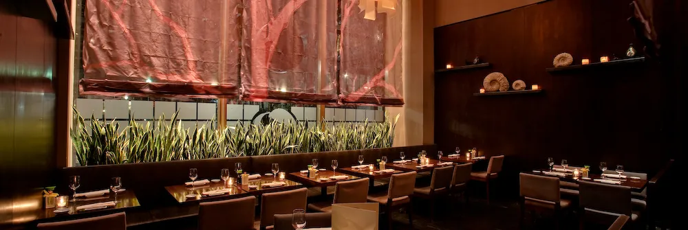 Koi restaurant front dining room with set tables and warm lighting
