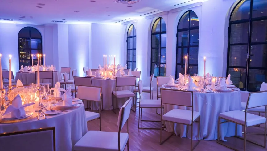 Conference Room set for a formal dinner with purple mood lighting