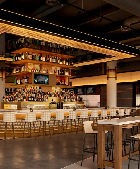 Shaver Hall restaurant interior with wood beam ceiling