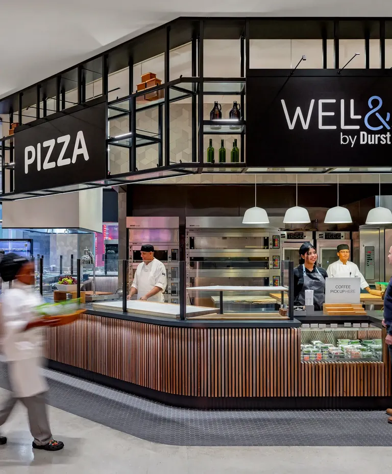 Food hall interior with market stalls