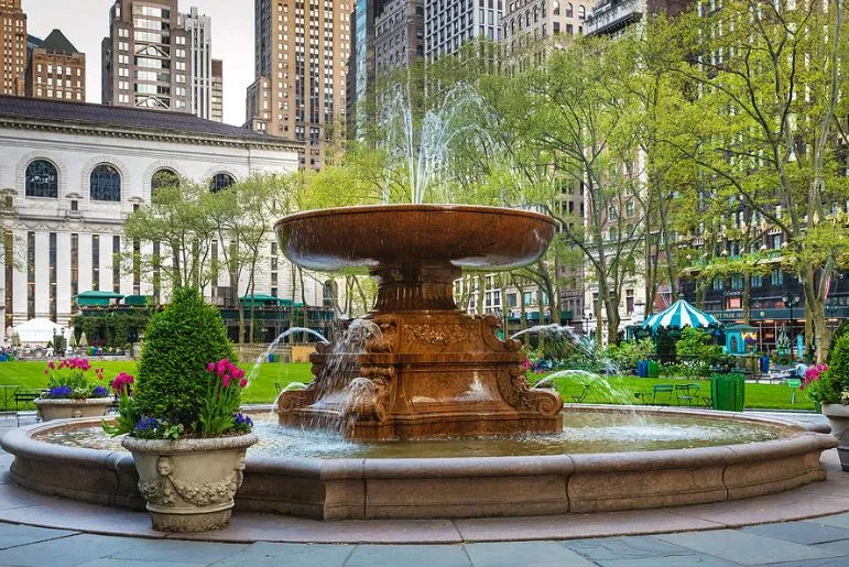 Bryant Park fountain with spring blossoms
