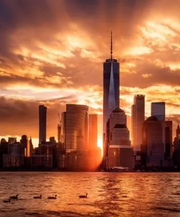 One World Trade Center and Manhattan skyline at sunset