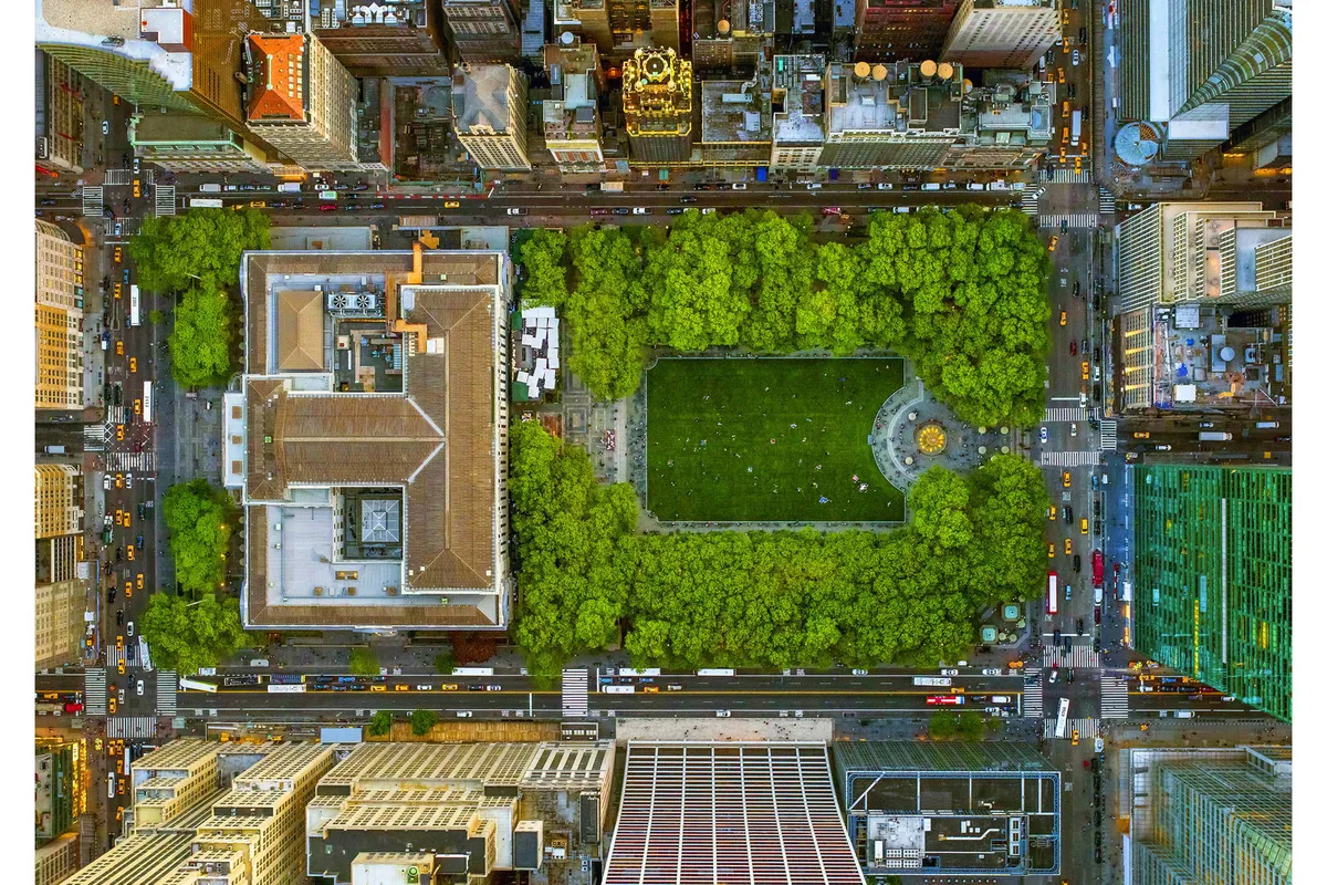 Aerial view of Bryant Park green lawn